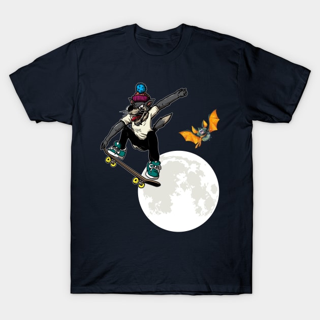 Skateboarding Wolf Over the Moon Bat T-Shirt by letnothingstopyou